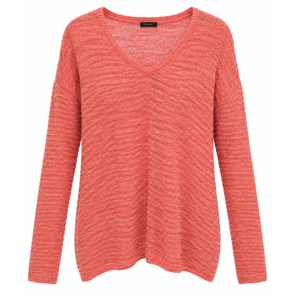 Calvin Klein Jeans Womens L Coral Pink Cotton Blend Open Knit V Neck Sweater